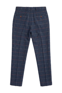 Marinblå vinröd herrbyxor i rutmönster i fiskbensmönstrad tweed i vintage-stil, Marc Darcy