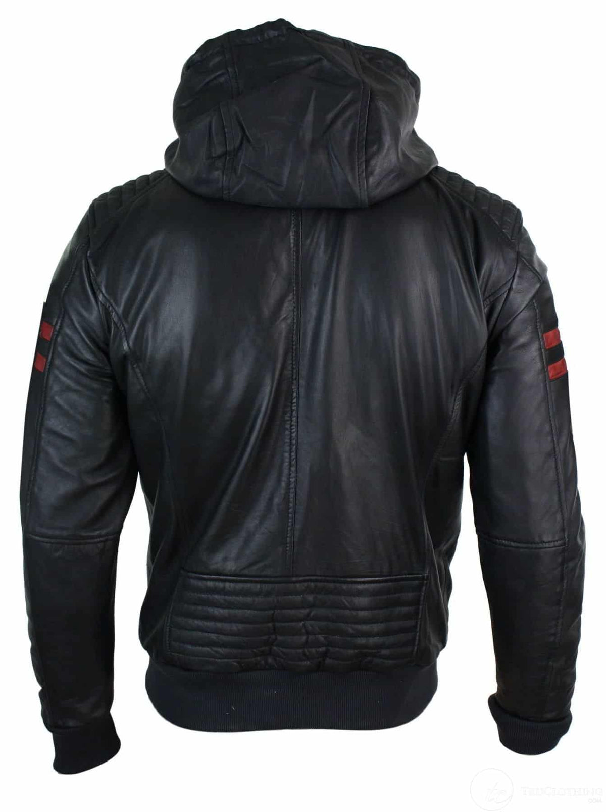 Herr Svart Huva Äkta Läder Bomberjacka Röda Randiga Quilted Slim Fit Casual