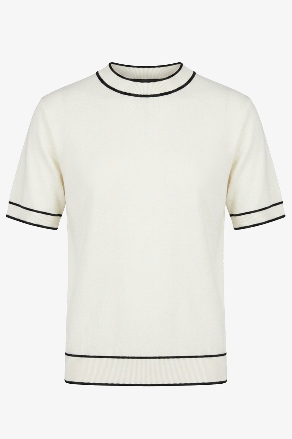 Herrvit stickad t-shirt med rund hals och kontrastfärgad kant, normal passform
