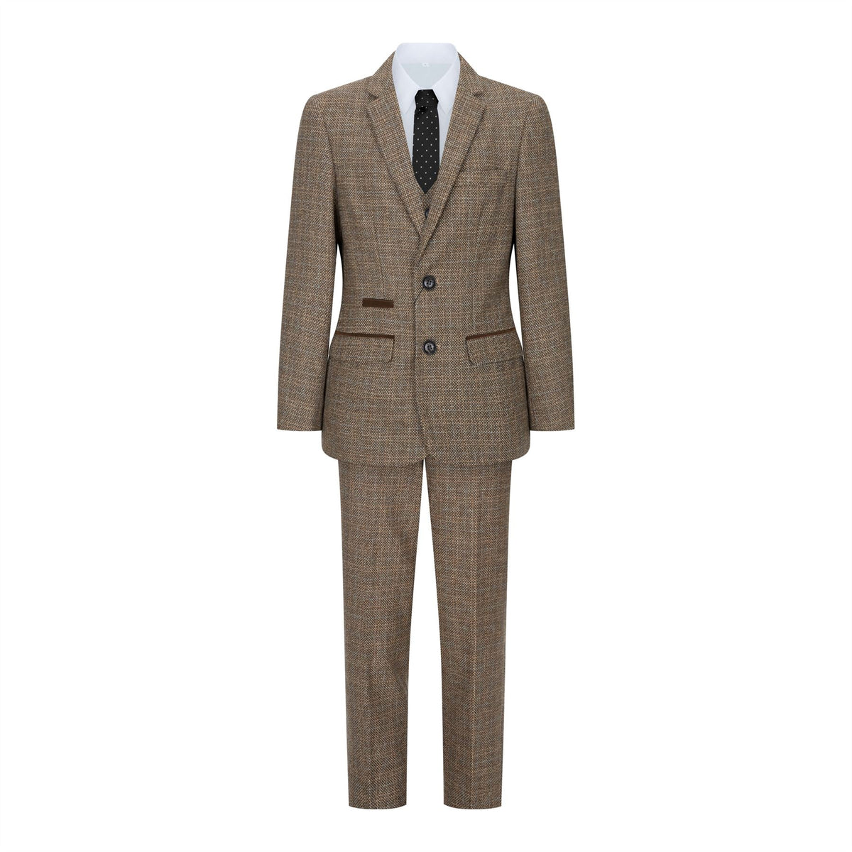 Pojkar 3-delad brun kostym i tweed, rutig vintage-stil, skräddarsydd passform, 1920-tal