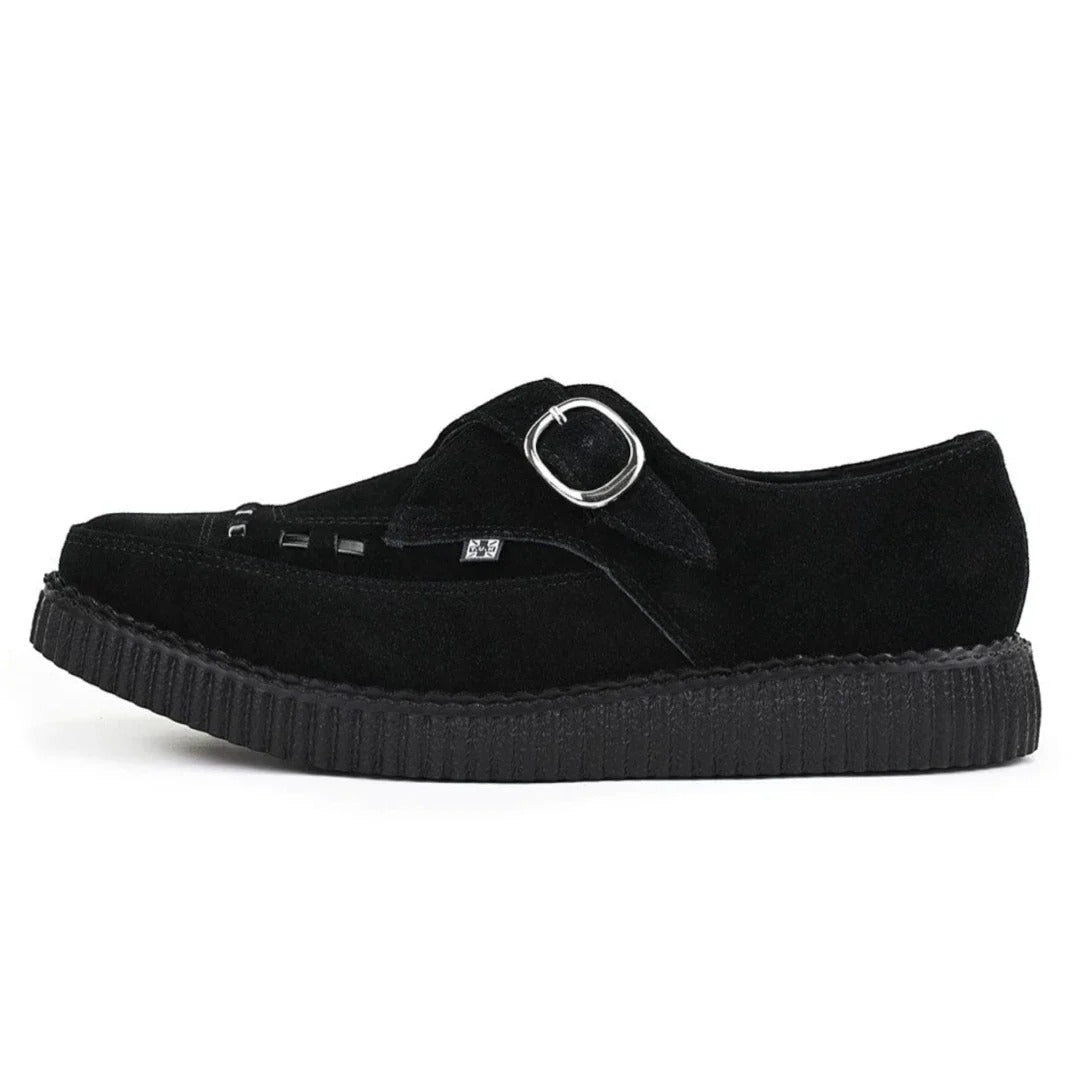 Spetsiga Creeper Svarta Mocka Platåskor Med Monk Buckle