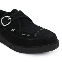 Spetsiga Creeper Svarta Mocka Platåskor Med Monk Buckle