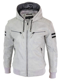 Herrbomberjacka i äkta läder med huva – Vit