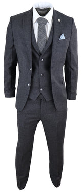 Svart herrkostym i tweed, tredelad vintagestil – STZ14