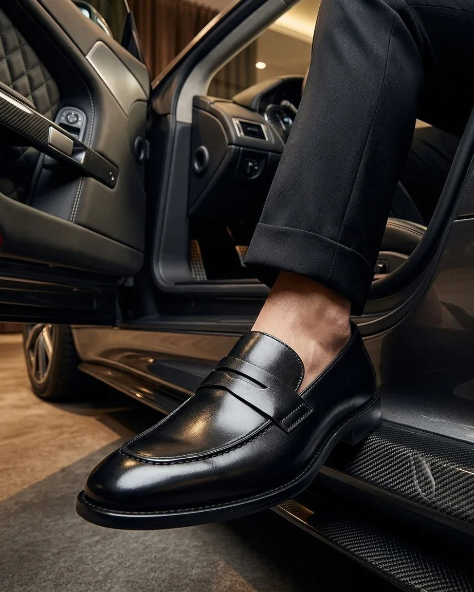 Ted - Svarta klassiska herrloafers i läder med mockatå