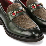 Tristian - Gröna herrloafers i läder i fiskbensmönster i tweed