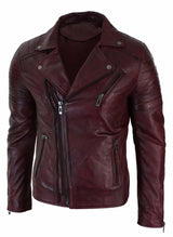 Äkta Läder Slim Fit Cross Zip Retro Vintage Brando Herrjacka Vintage Biker-Vinröd