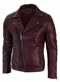 Äkta Läder Slim Fit Cross Zip Retro Vintage Brando Herrjacka Vintage Biker-Vinröd