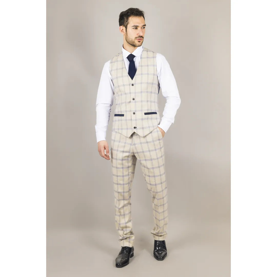 Warwick herrkostym i beige, rutig 3-delad modell