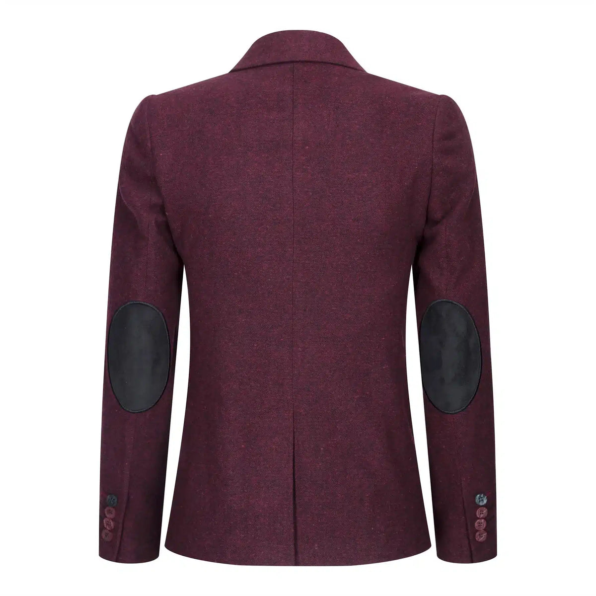 Damkavaj med ull, tweed, armbågslapp, 1920-tals vintage, klassisk, vinröd