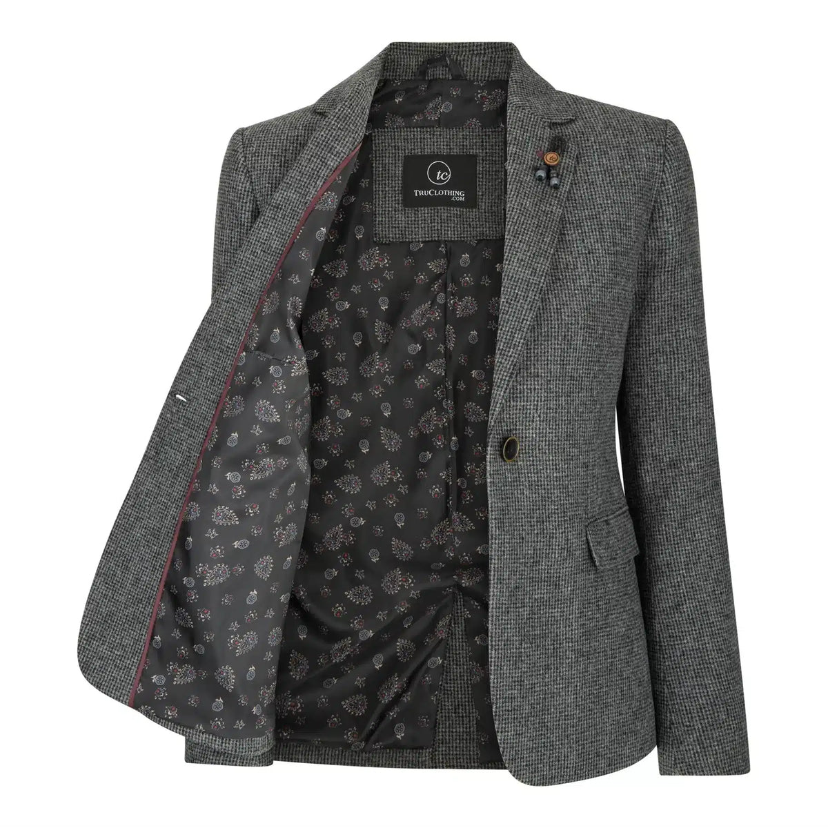 Dam Grå Tweed Fiskbensmönstrad Kavaj 1920-tals Peaky Tailored Fit Vintage Retro
