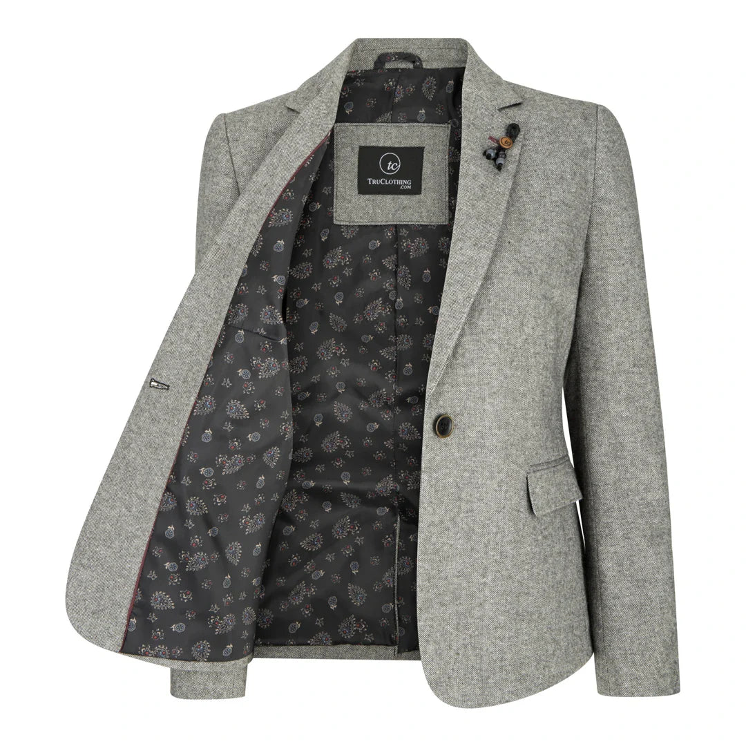 wsn03 - Damtweed Grå Kavajjacka Med Elow Patch Peaky 1920-tal
